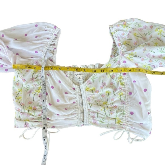 For Love & Lemons Strudel Floral Blouse Puff Sleeve Polka Dot Cropped Smocked LG - Picture 10 of 13